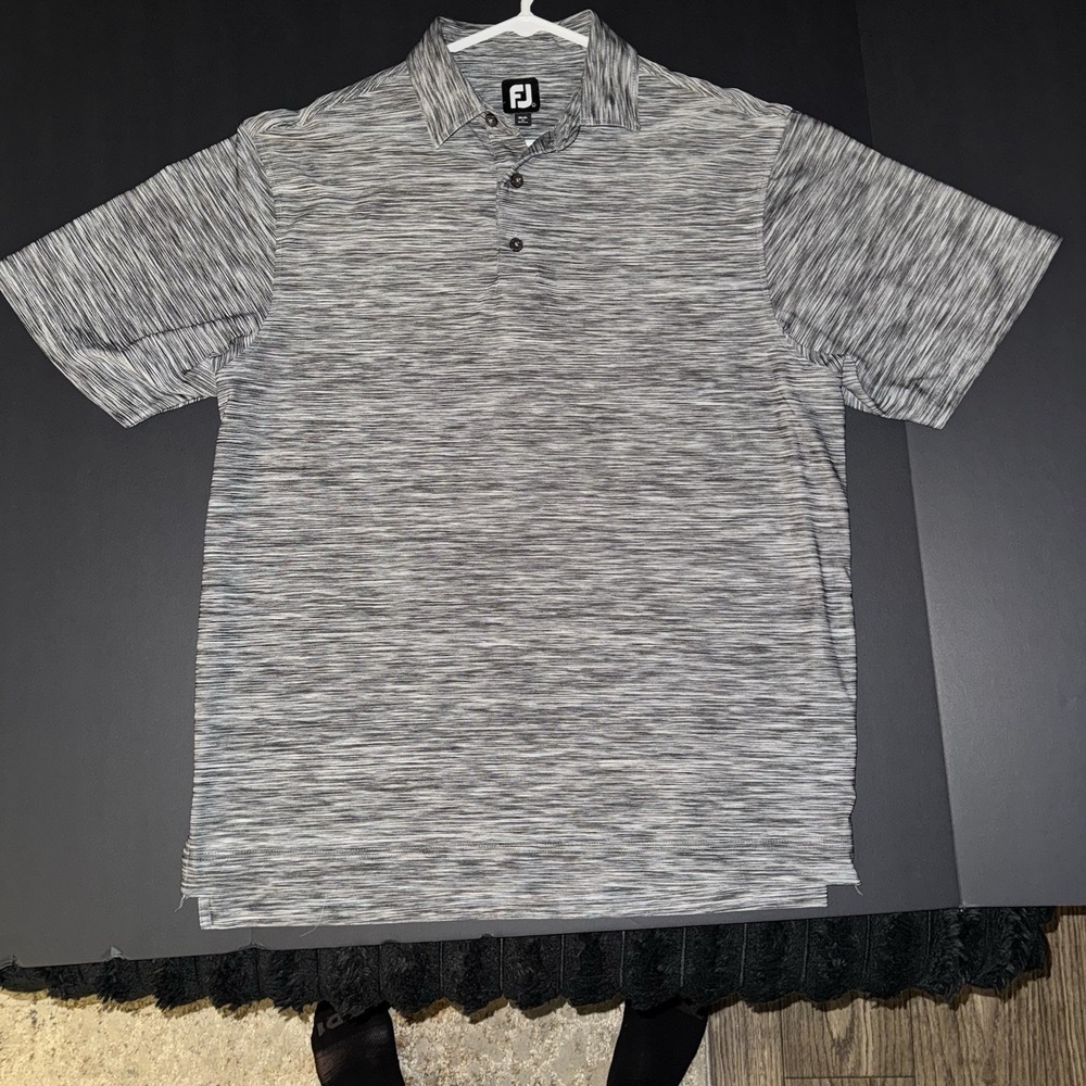Men's Large FootJoy Striped Performance Golf Polo Gray White Black Short Sleeve